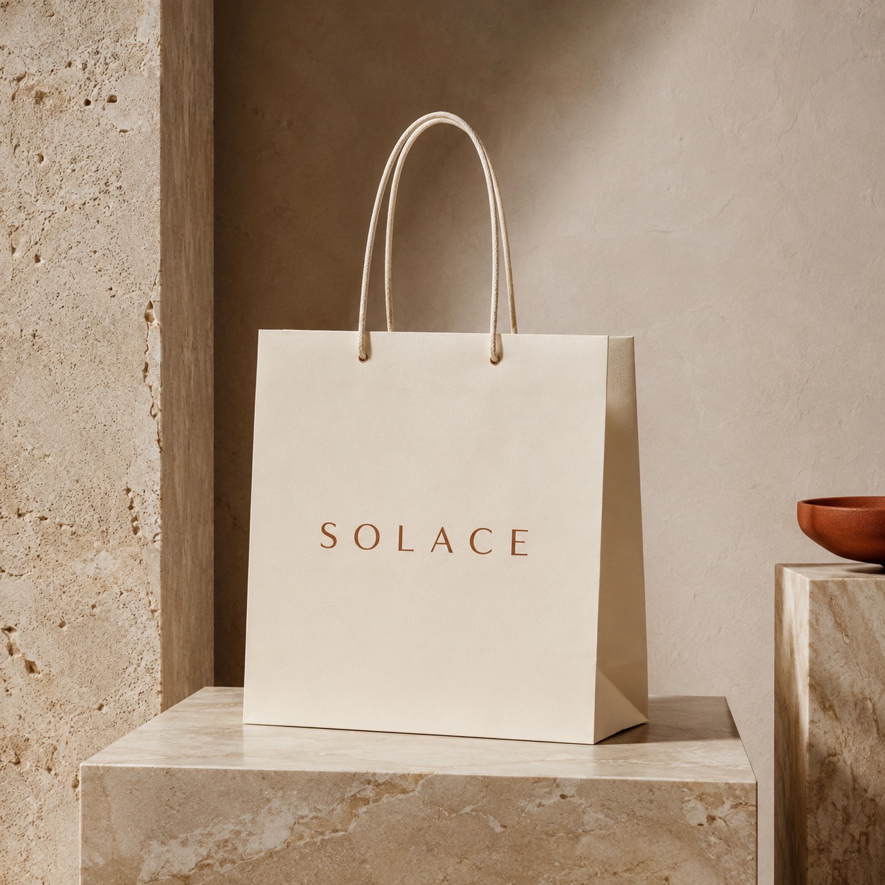 Premium paper shopping bag on warm marble