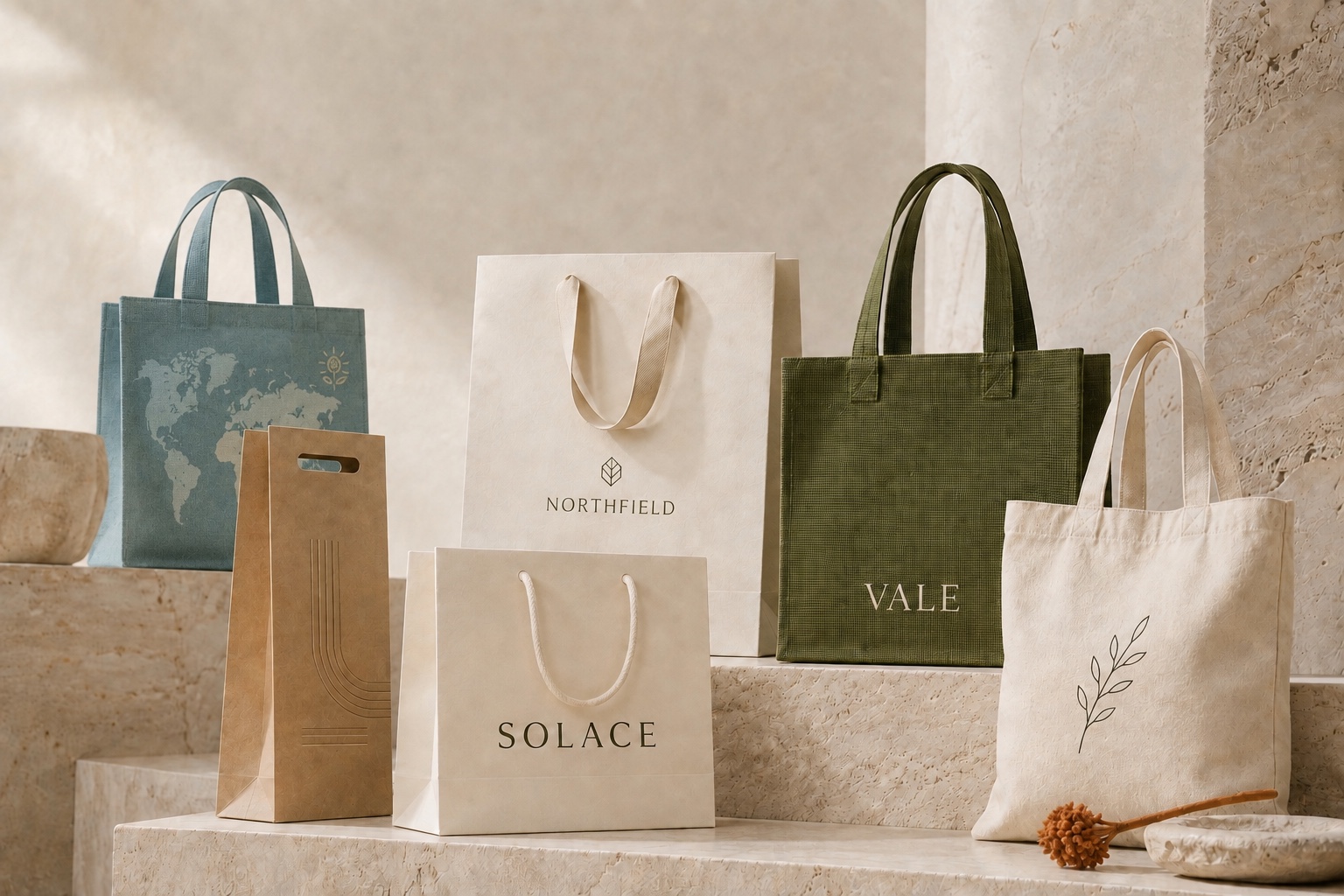Branded paper, reusable and canvas shopping bags with an Earth-inspired world-map tote in a warm marble studio
